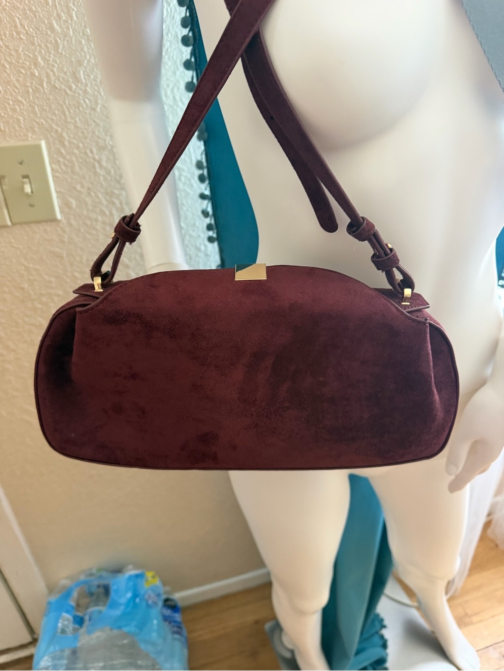 Urban Expressions Burgundy Suede Shoulder Bag with Gold Accent